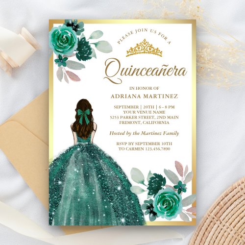 Emerald Green Dress Floral Gold Quinceanera Invitation