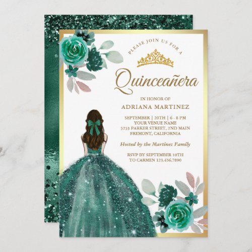 Emerald Green Dress Floral Gold Quinceanera Invitation