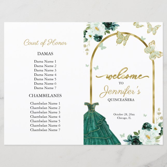 Emerald Green Dress Floral Quinceanera Program  (Front)