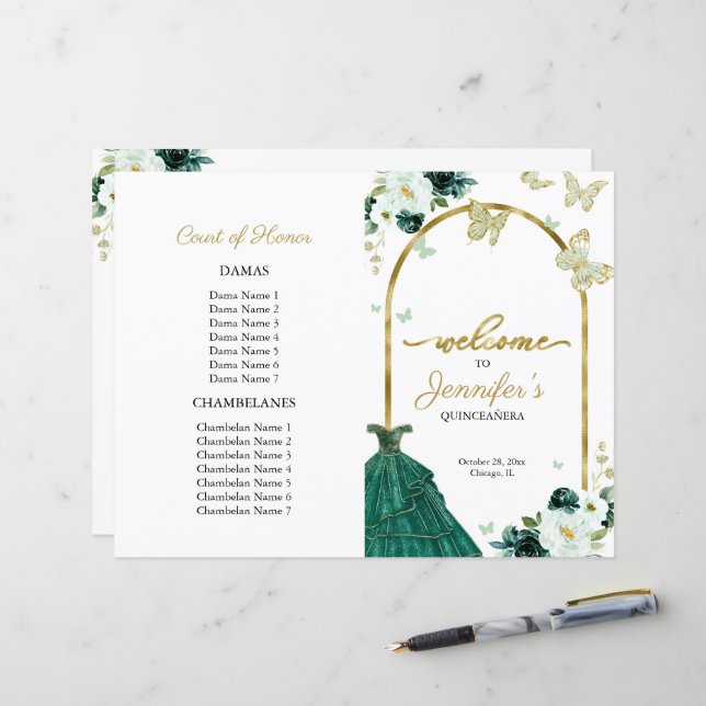 Emerald Green Dress Floral Quinceanera Programs | Zazzle