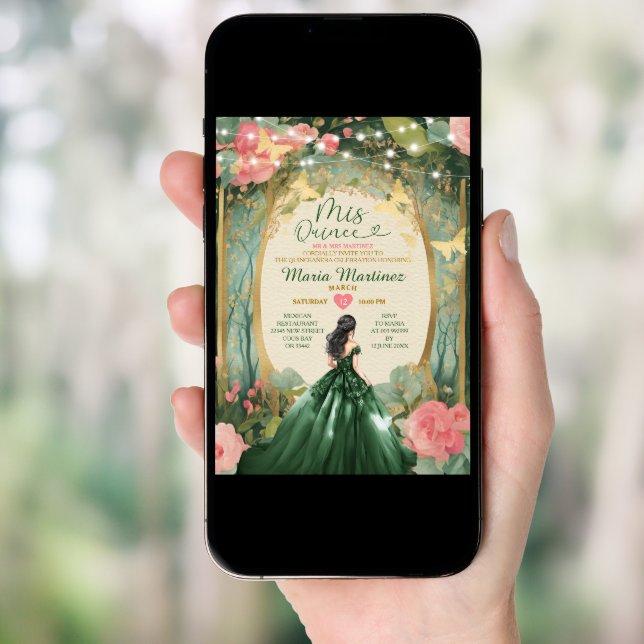 Emerald Green Dress Gold Floral Forest Mis Quince Invitation (Front Digital)