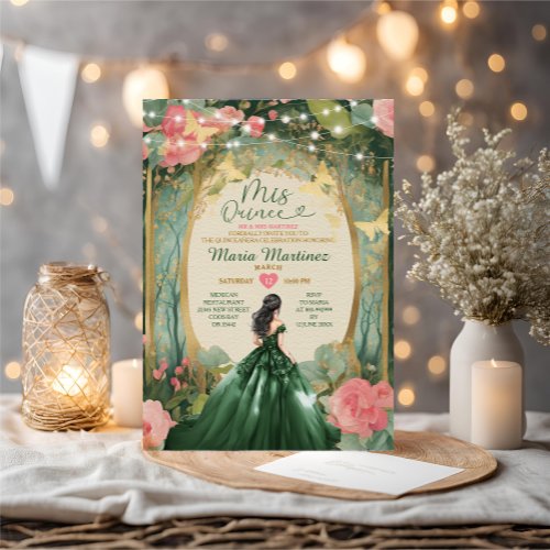 Emerald Green Dress Gold Floral Forest Mis Quince Invitation