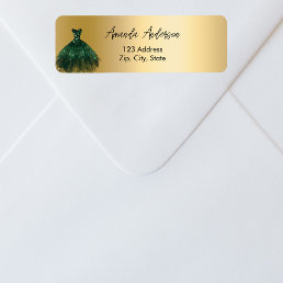 Emerald green dress gold return address label
