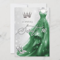 Emerald Green Dress Snowflakes Winter Sweet 16 Invitation