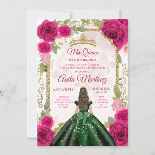 Emerald Green Dresses Fuschia Pink Mis Quince Invitation