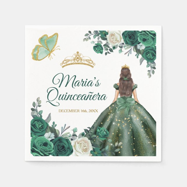 Emerald Green Dresses Quinceañera Crown Birthday Napkins (Front)