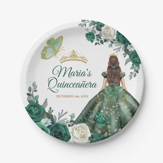 Emerald Green Dresses Quinceañera Crown Birthday Paper Plates (Front)
