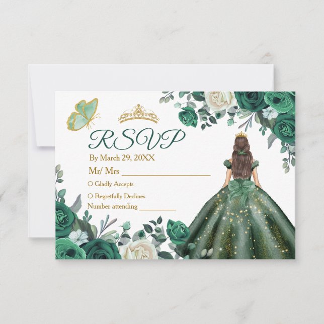 Emerald Green Dresses Quinceañera Crown RSVP Card (Front)