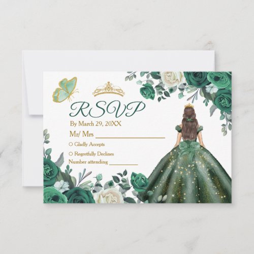 Emerald Green Dresses Quinceaera Crown RSVP Card