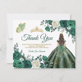 Emerald Green Dresses Quinceañera Gold Crown Thank You Card by HappyPartyStudio at Zazzle