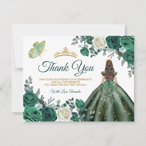 Emerald Green Dresses Quinceaera Gold Crown Thank You Card