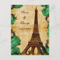 emerald green eiffel tower Paris save the date Announcement Postcard