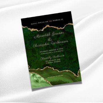 Emerald Green Elegance Gold Glitter Agate Wedding Invitation by lesrubaweddings at Zazzle