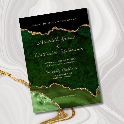 Emerald Green Elegance Gold Glitter Agate Wedding Invitation