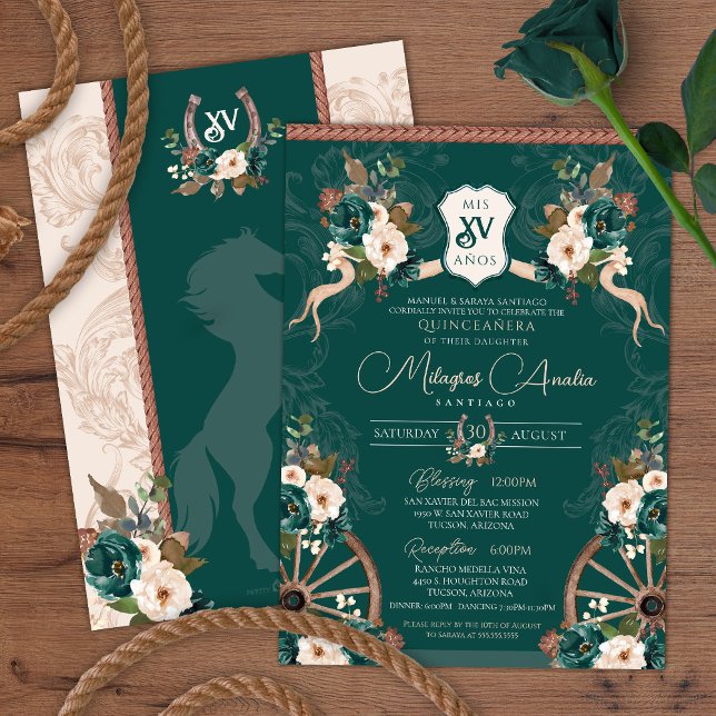 Emerald Green Elegant Baroque Charra Quinceañera Invitation (Creator Uploaded)