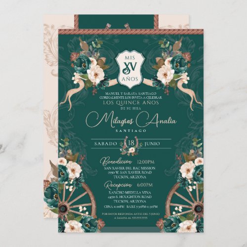 Emerald Green Elegant Baroque Charro Quinceanera Invitation