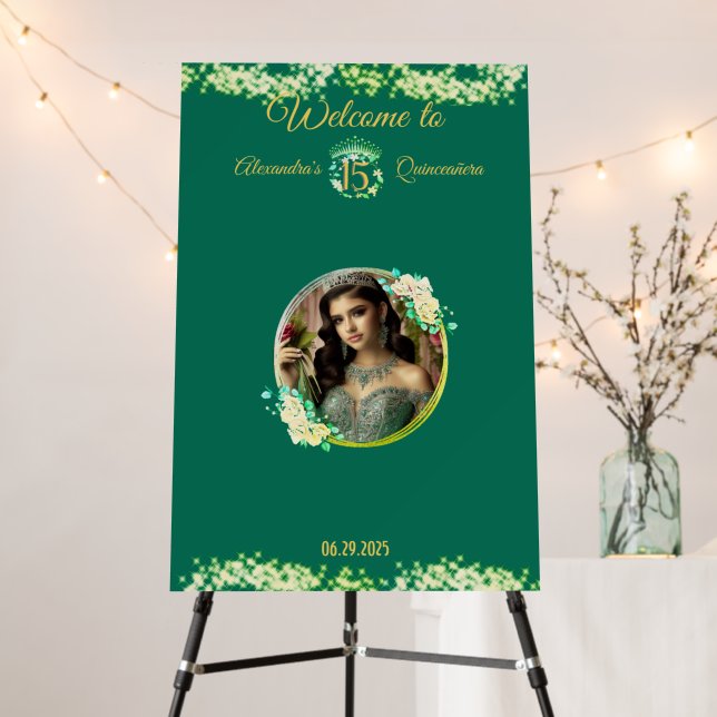 Emerald Green Elegant Boho Quinceañera Guest Foam Board (In Situ (Stand))