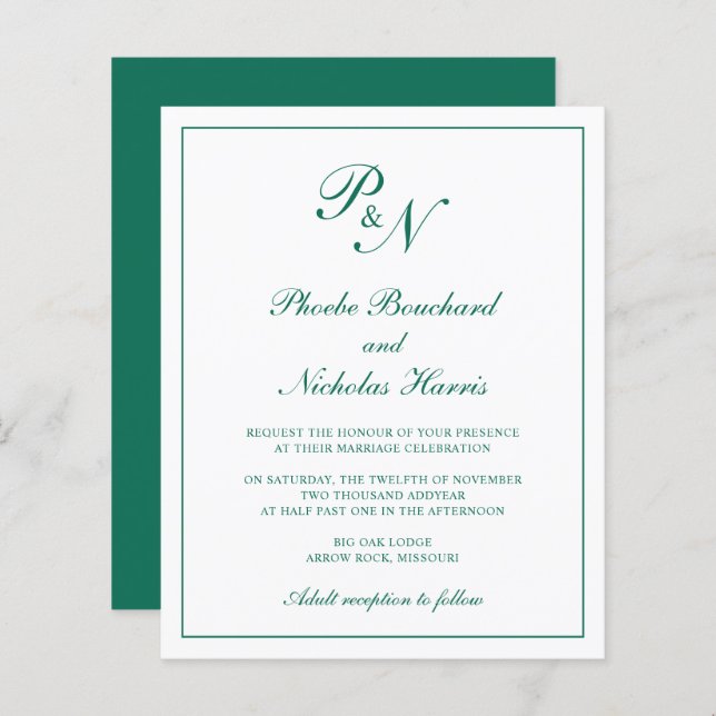 Emerald Green Elegant Budget Wedding Invitation (Front/Back)