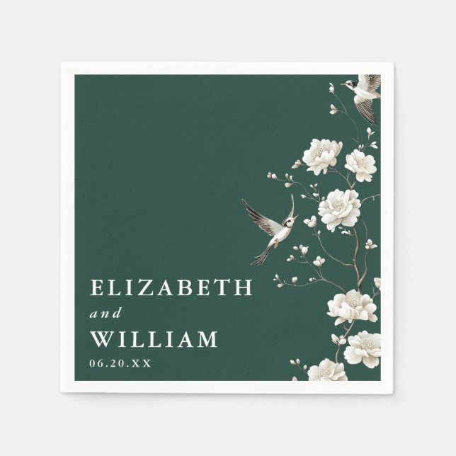 Emerald Green Elegant Chinoiserie Floral Wedding Napkins (Front)