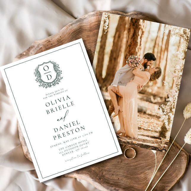 Emerald Green Elegant Crest Monogram Wedding  Invitation (Creator Uploaded)