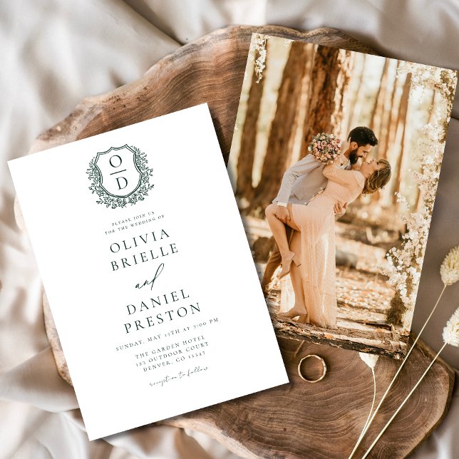 Emerald Green Elegant Crest Monogram Wedding  Invitation (Creator Uploaded)