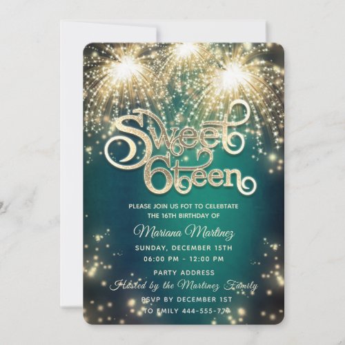 Emerald green elegant firework gold sparkle  invitation