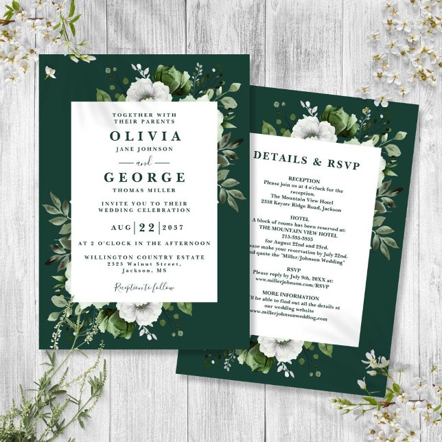 Emerald Green Elegant Floral All In One Wedding Invitation (Creator Uploaded)