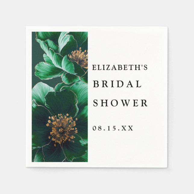 Emerald Green Elegant Floral Bridal Shower Napkins (Front)