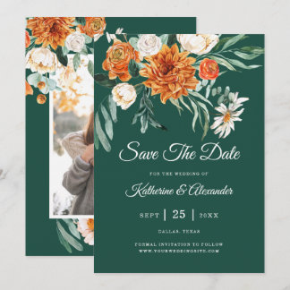 Emerald Green Elegant Floral Orange Photo Wedding Save The Date