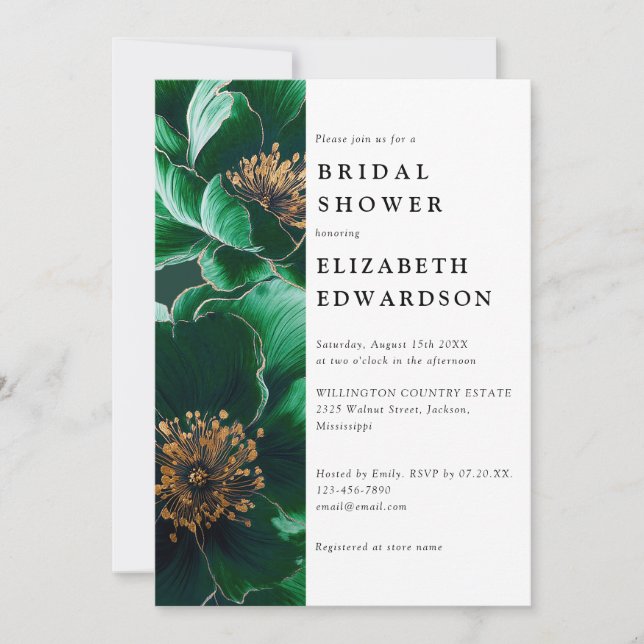 Emerald Green Elegant Floral QR Code Bridal Shower Invitation (Front)