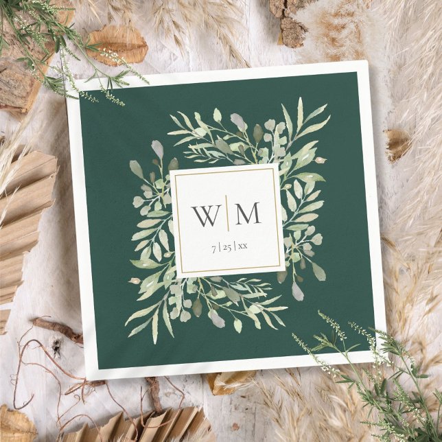 Emerald Green Elegant Greenery Monogram Napkins (Emerald Green Elegant Greenery Monogram Napkins)