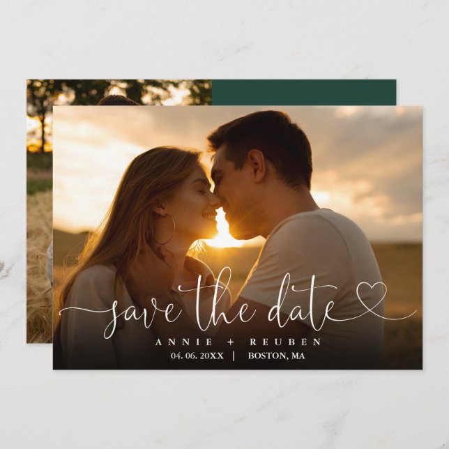 Emerald Green Elegant Heart Script Photo Wedding Save The Date (Front/Back)