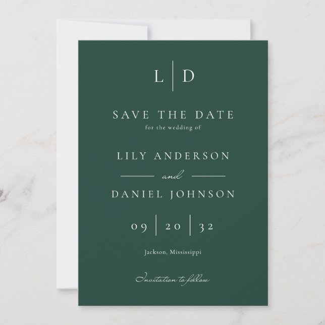 Emerald Green Elegant Minimalist Monogram Wedding Save The Date (Front)