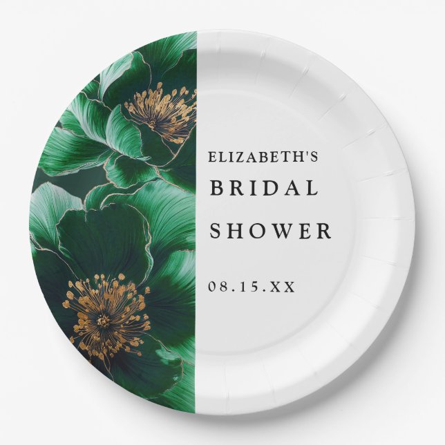 Emerald Green Elegant Modern Floral Bridal Shower Paper Plates (Front)