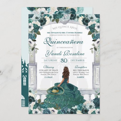 Emerald Green Elegant Princess Charro Quinceanera Invitation