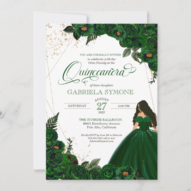 Emerald Green Elegant Roses and Gown 2 Quinceanera Invitation (Front)