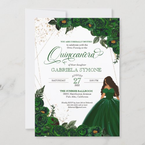 Emerald Green Elegant Roses and Gown 2 Quinceanera Invitation
