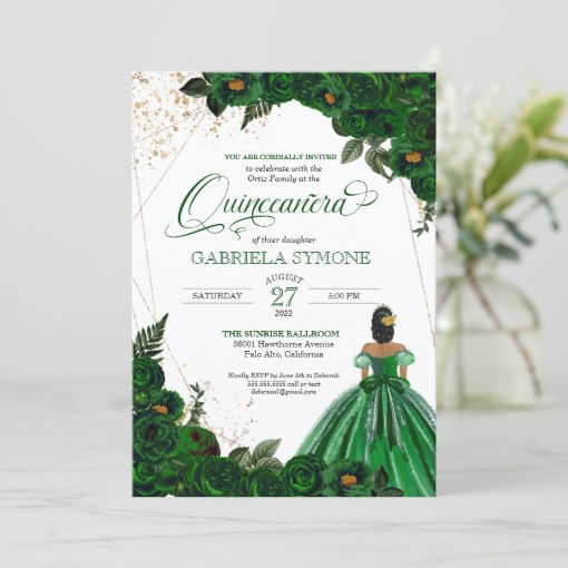 Emerald Green Elegant Roses and Gown Quinceanera Invitation | Zazzle