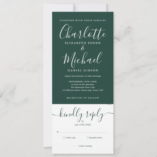 Emerald Green Elegant Script All In One Wedding Invitation