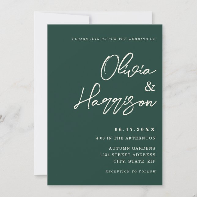 Emerald Green Elegant Script All In One Wedding Invitation (Front)