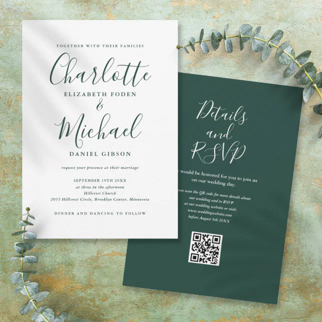 Emerald Green Elegant Script QR Code Wedding Invitation | Zazzle