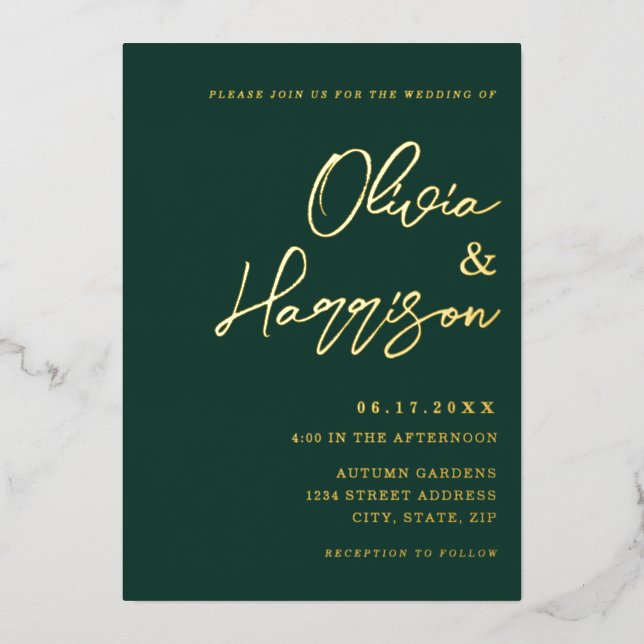 Emerald Green Elegant Script Wedding Foil Invitation (Front)