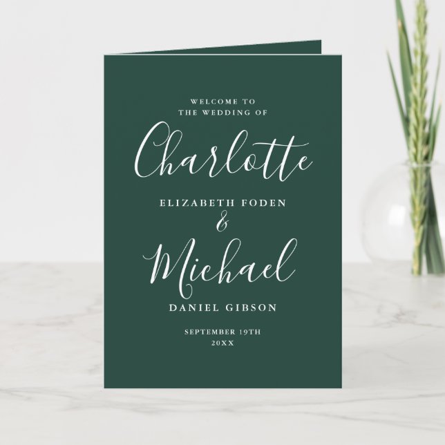 Emerald Green Elegant Signature Script Wedding Program (Front)
