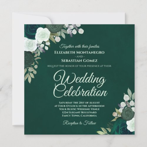 Emerald Green Elegant Watercolor Roses Wedding Invitation