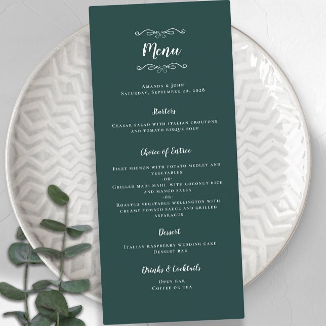 Emerald Green Elegant Wedding Guest Dinner  Menu (Elegant Wedding Calligraphy Emerald Green Dinner Menu)