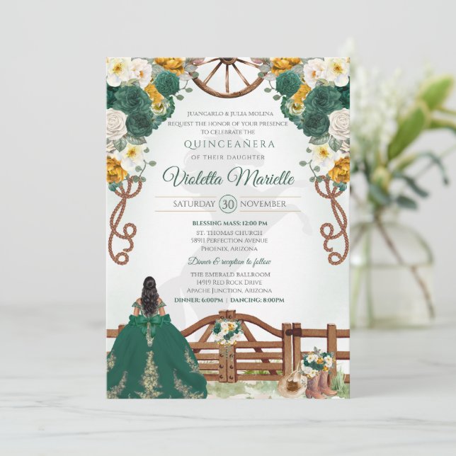 Emerald Green Elegant Western Charro Quinceanera Invitation | Zazzle