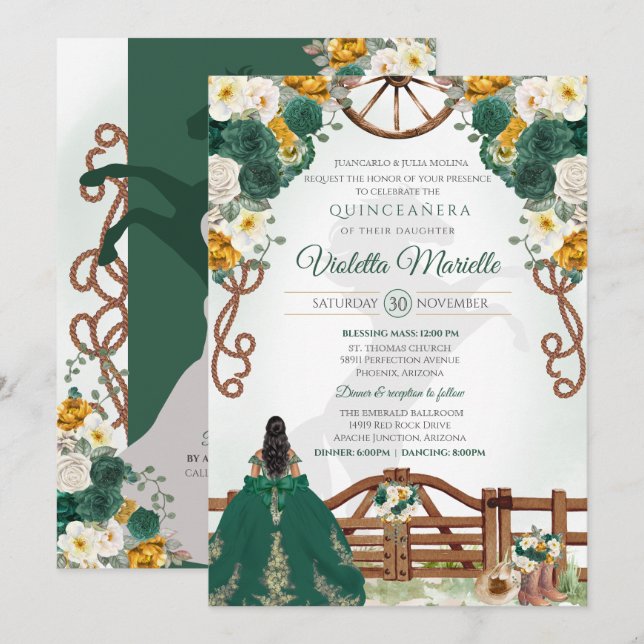 Emerald Green Elegant Western Charro Quinceanera Invitation (Front/Back)