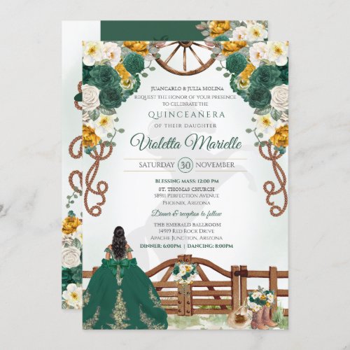 Emerald Green Elegant Western Charro Quinceanera Invitation