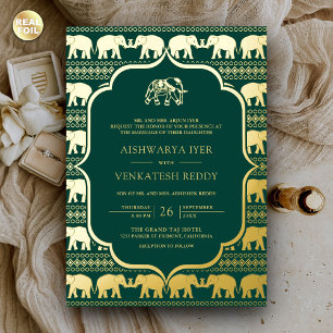 Emerald Green Elephant Indian Photo Wedding Gold Foil Invitation
