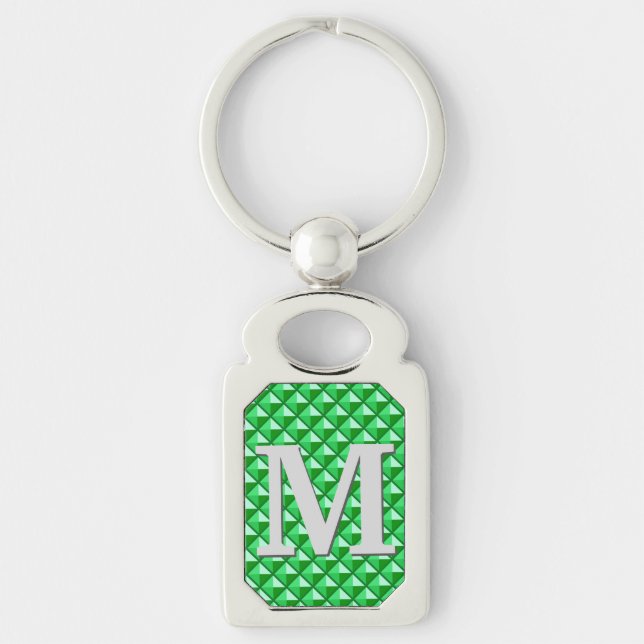 Emerald green enamel studded grid with monogram keychain (Front)